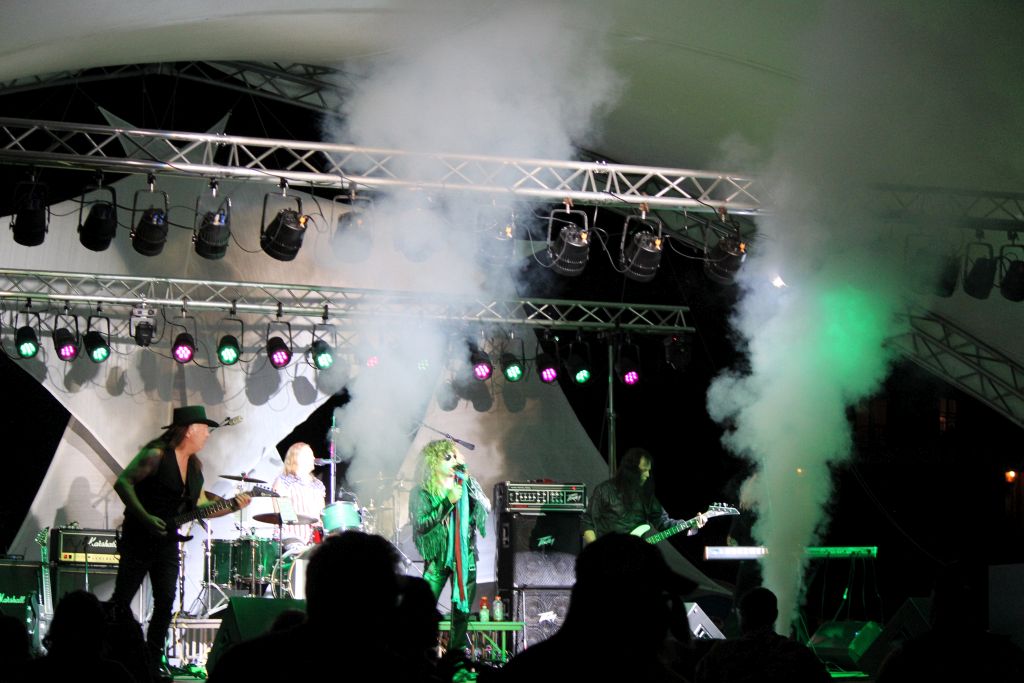 Smoke fills the stage as Jovi performs
